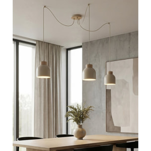 Lampada a sospensione KRU in acciaio beige e legno naturale