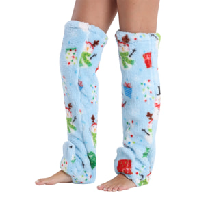 Calcetines largos de felpa extrasuave. 75 cm de longitud. Diseño navideño azul.