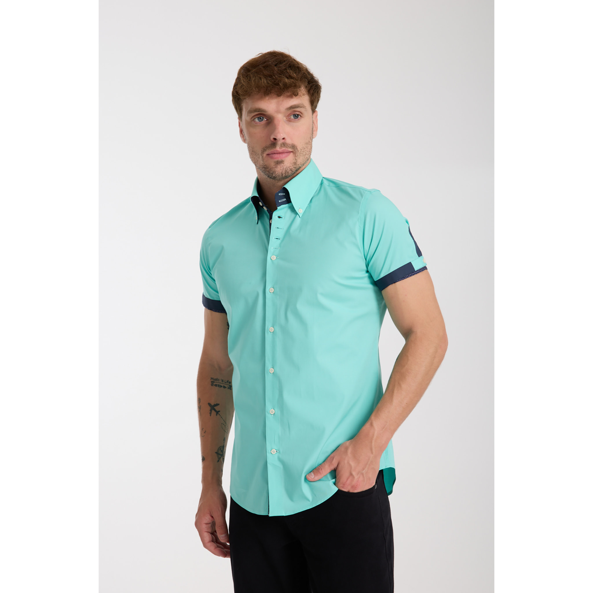 Camicia Uomo Manica Corta 2 Bottoni Button Down 7 Botto Popeline Stretch Unito Verde Acqua
