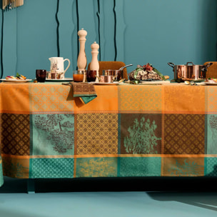 Nappe pur coton 220 g/m² motif jacquard vert brun Mille trees foret