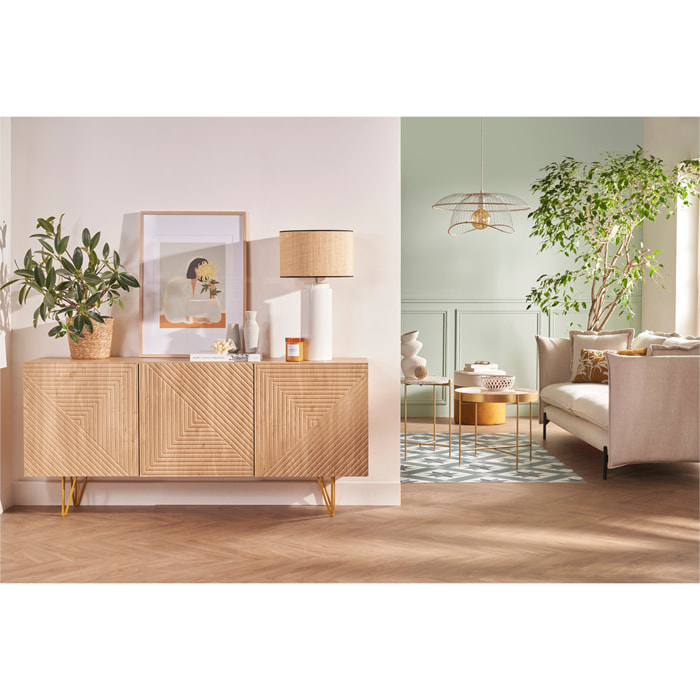 Buffet design gravé finition bois clair chêne et métal doré 3 portes L160 cm OZEN