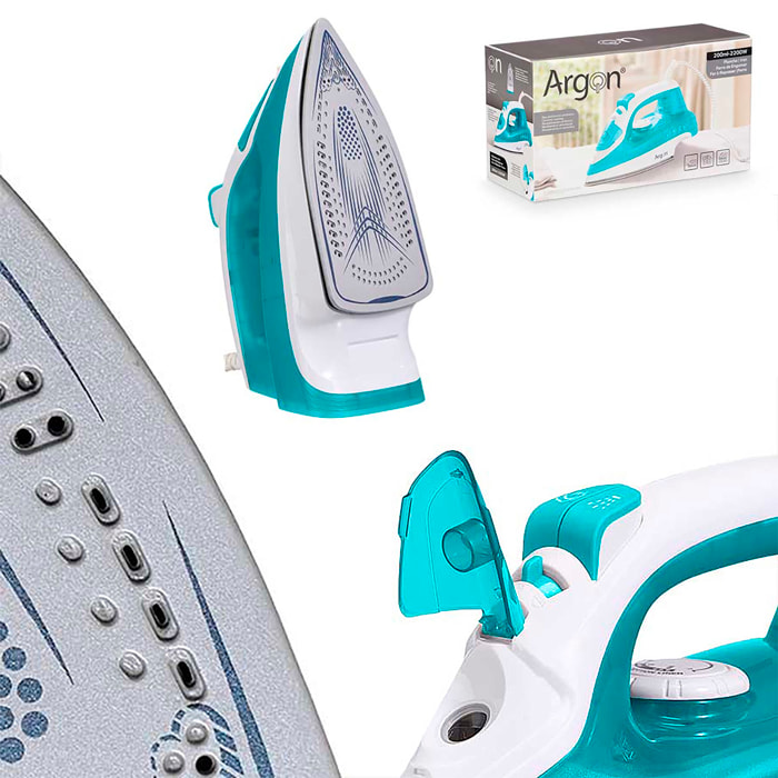 Plancha verde con suela cerámica, 2200W de potencia y 200ml de capacidad.