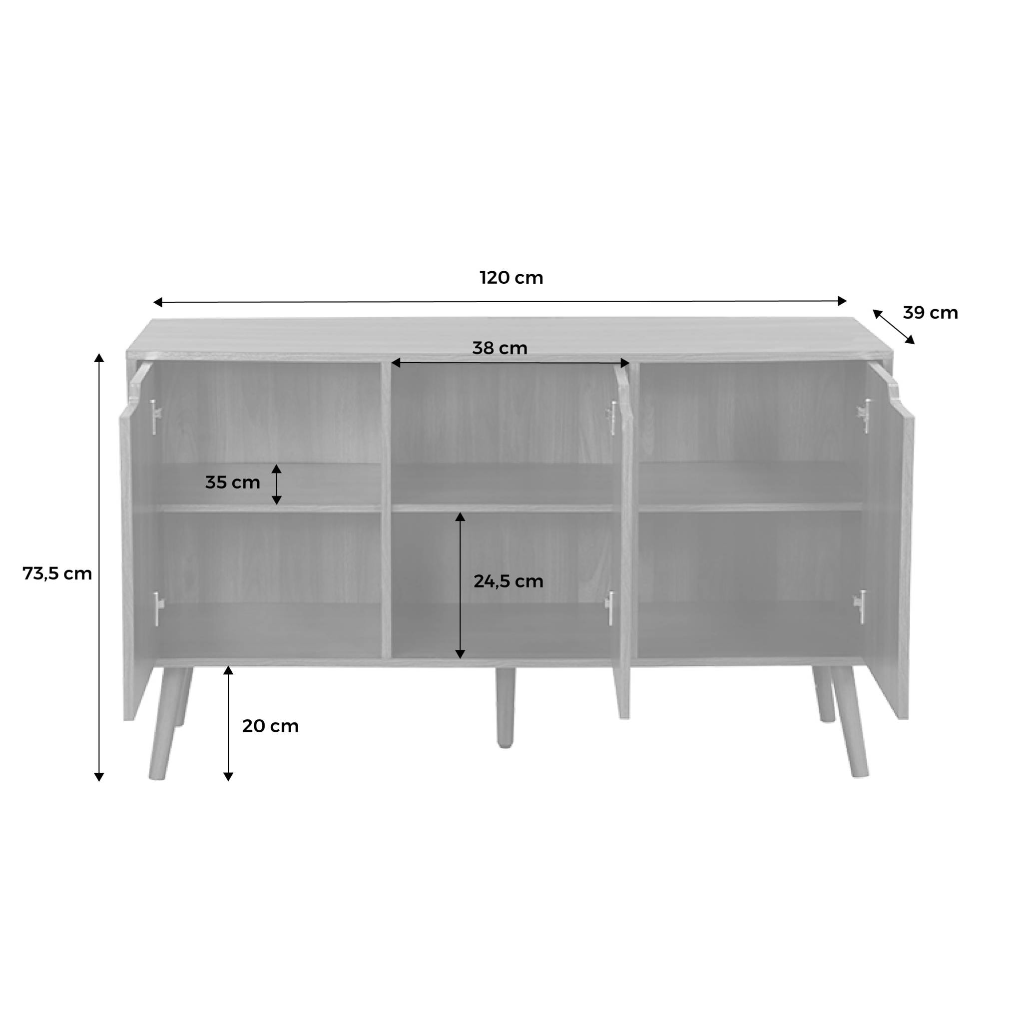 Buffet de rangement effet bois de noyer 3 portes et 3 étagères.  buffet bas. 120cm