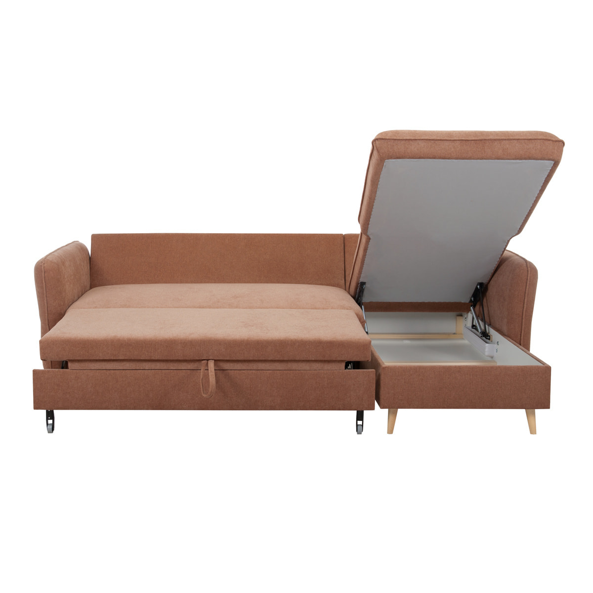 Canapé d'angle convertible réversible avec coffre 3-4 places en tissu effet velours terre brûlée et bois clair DRISS