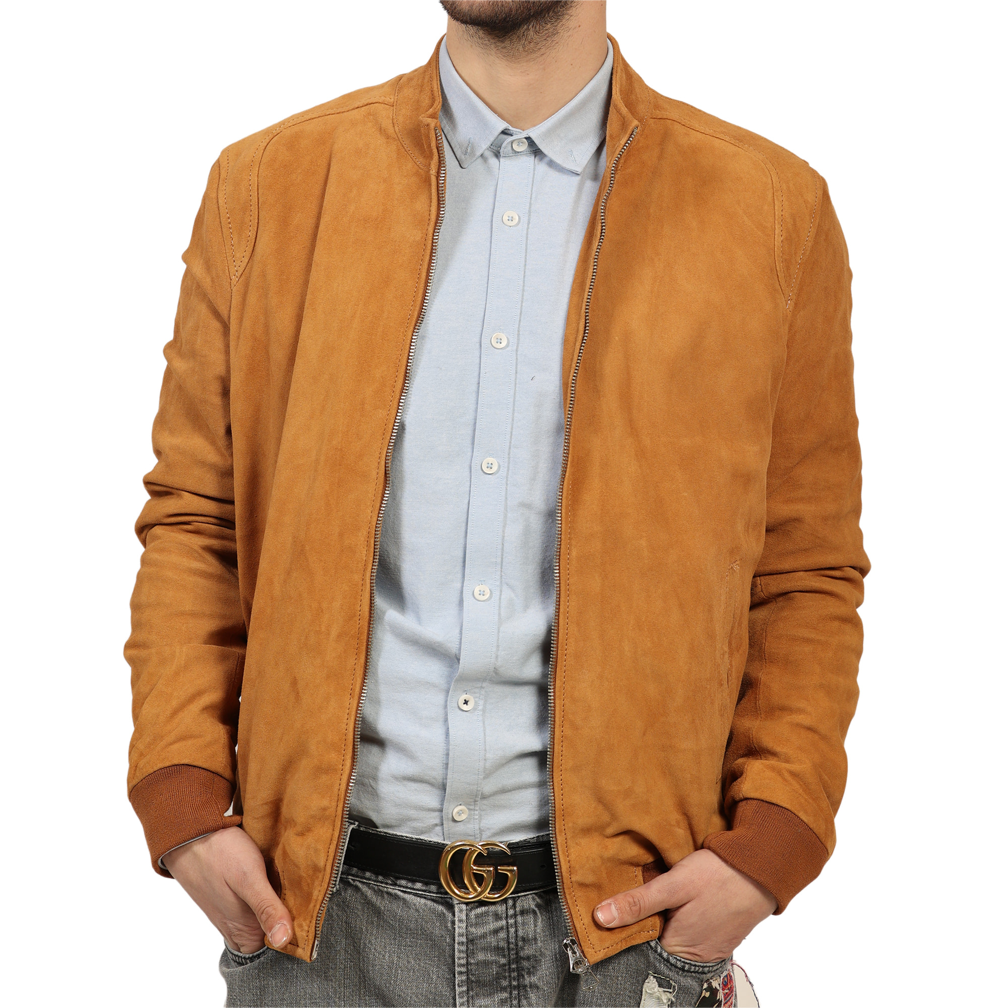 Giubbino in vera pelle di vitello scamosciata Cognac-Slim Fit