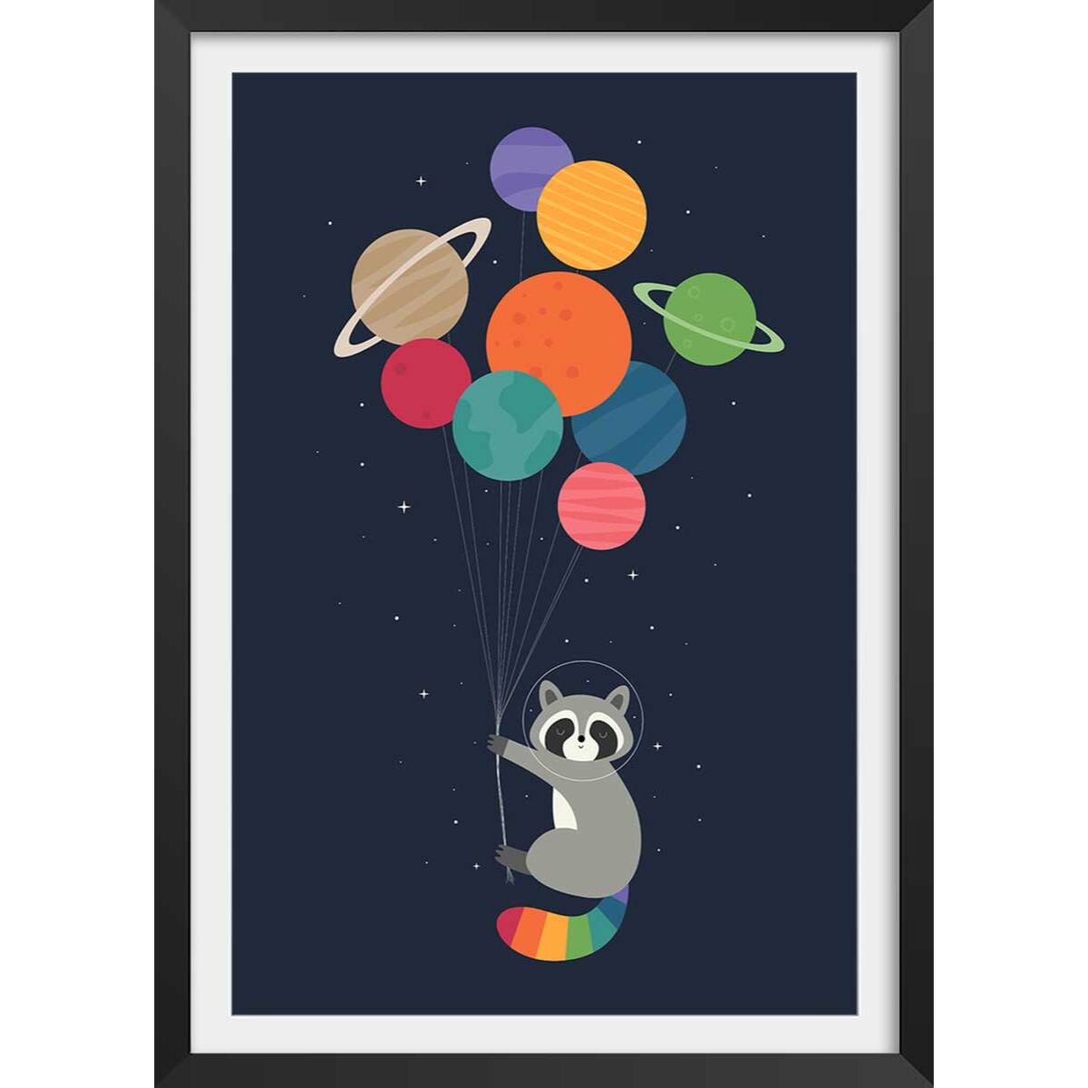 Affiche enfant raton dans la galaxie  Affiche + cadre en bois - Noir