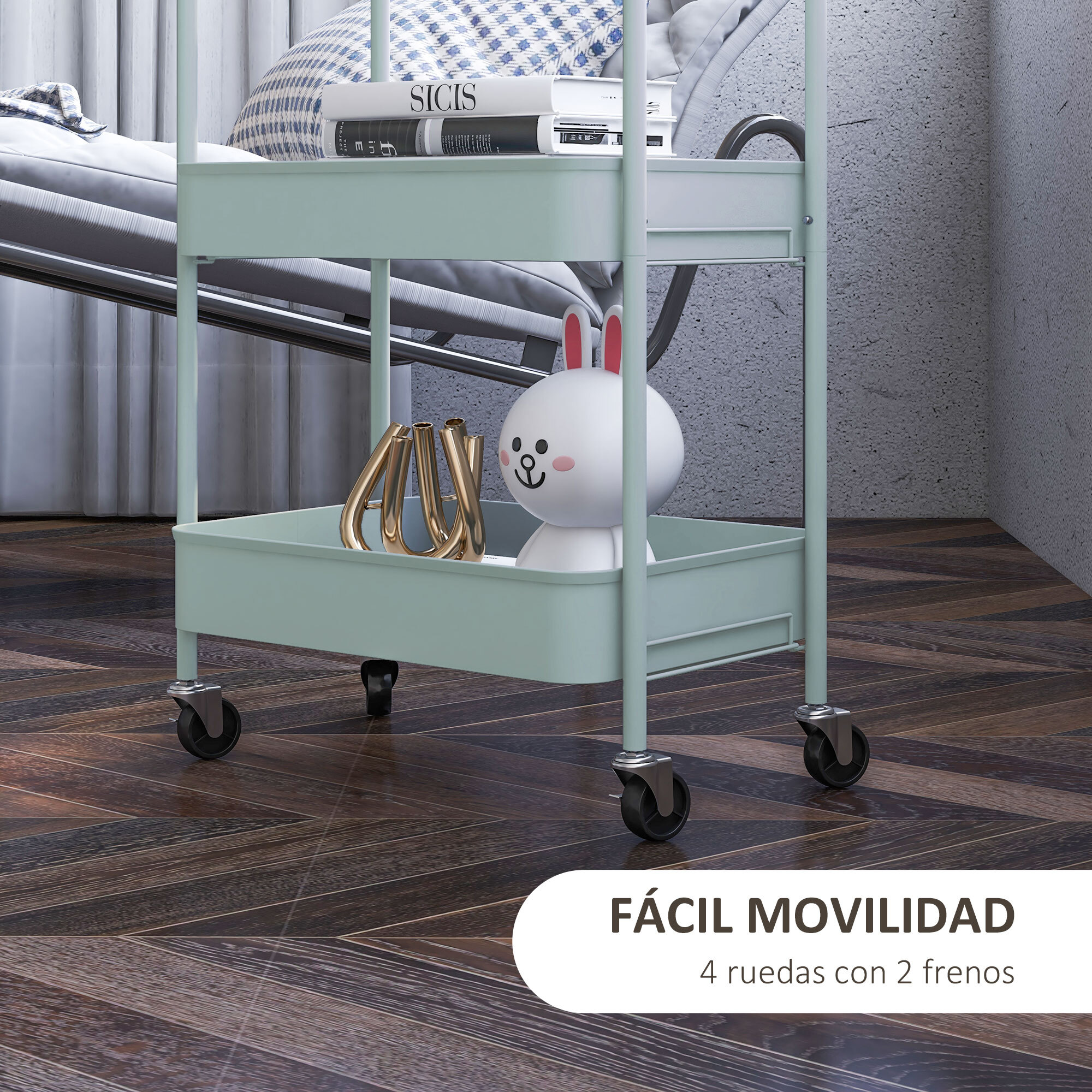 HOMCOM Carrito Auxiliar con Ruedas Carrito de Almacenamiento con 3 Cestas y Marco de Acero para Salón Dormitorio Oficina Cocina 45x30,6x79 cm Azul Claro
