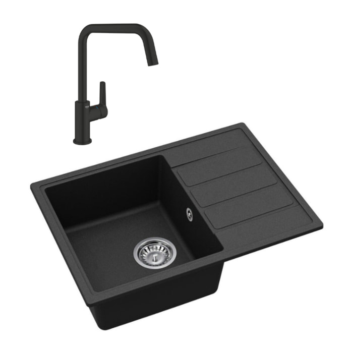 62x44 cm évier avec égouttoir réversible en Granite, à encastrer, noir + mitigeur lavabo/cuisine Grohe Start (SATSE2BG430)