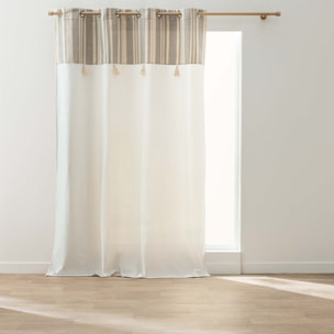 Rideau à œillets polycoton avec top à rayures métallisé et pompons - Naturel