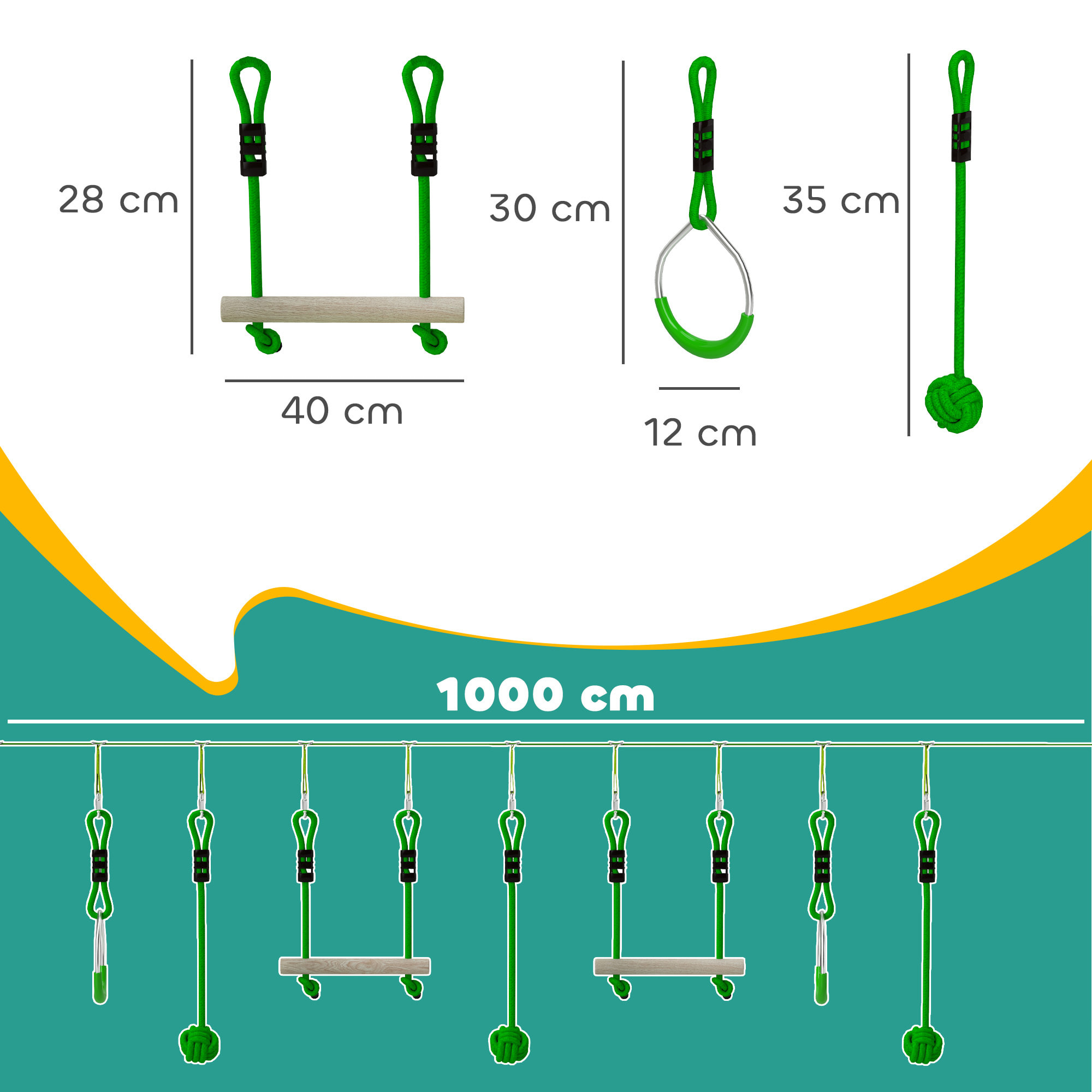 Tyrolienne enfant 10m max. 50Kg - kit complet - nombreux accessoires - vert