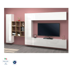 Parete attrezzata Gualtiero, Set salotto porta TV a 4 ante, Mobile soggiorno multiuso, 100% Made in Italy, cm 350x30h180, Bianco lucido