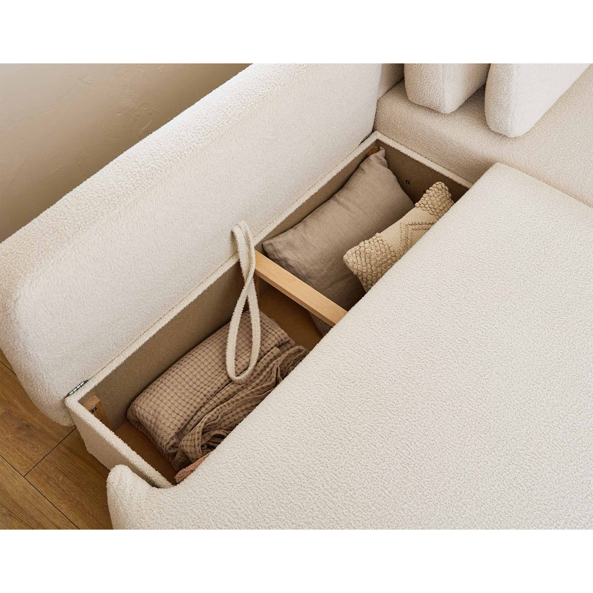 Mahina - canapé d'angle droit - 4 places - convertible avec coffre - en tissu bouclette - Beige