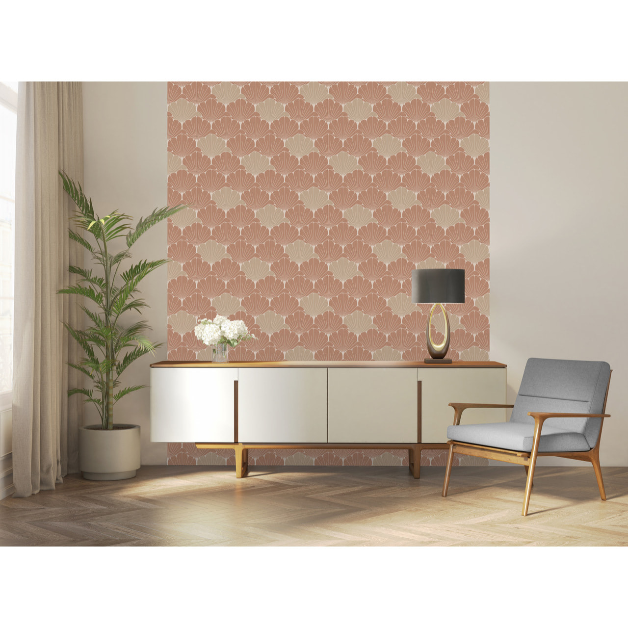 Papier peint éventails Art Déco terracotta beige
