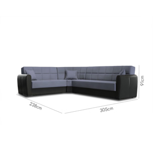 Divano letto Matias, Divano letto contenitore ad angolo in ecopelle e tessuto, Sofà da soggiorno con apertura click-clack e penisola reversibile, 305x238h91 cm, Nero e Grigio