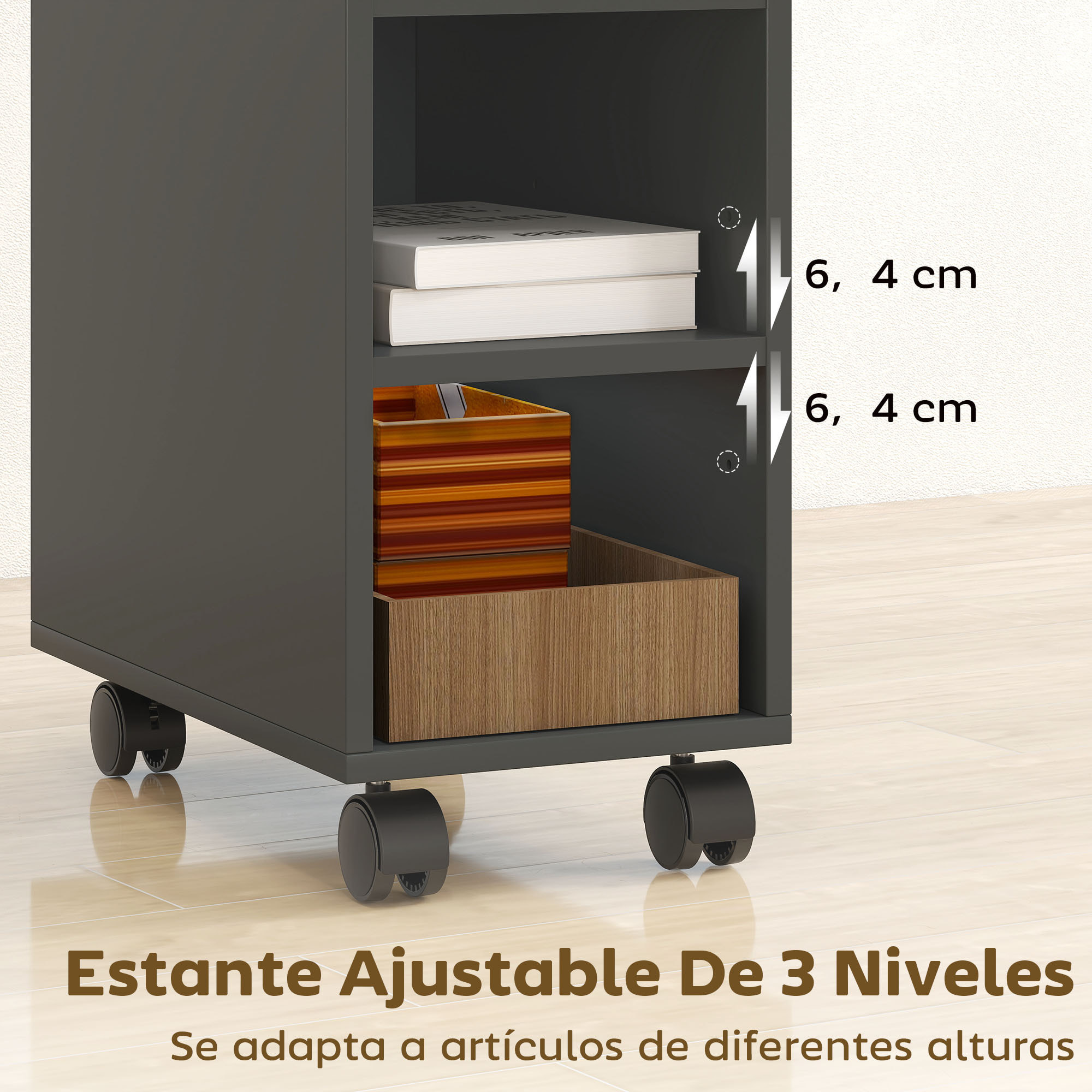 Mesa Auxiliar con Encimera Deslizante y Ruedas, Mesita Auxiliar con Almacenamiento Oculto y Estante Ajustable, para Salón, Dormitorio, Negro