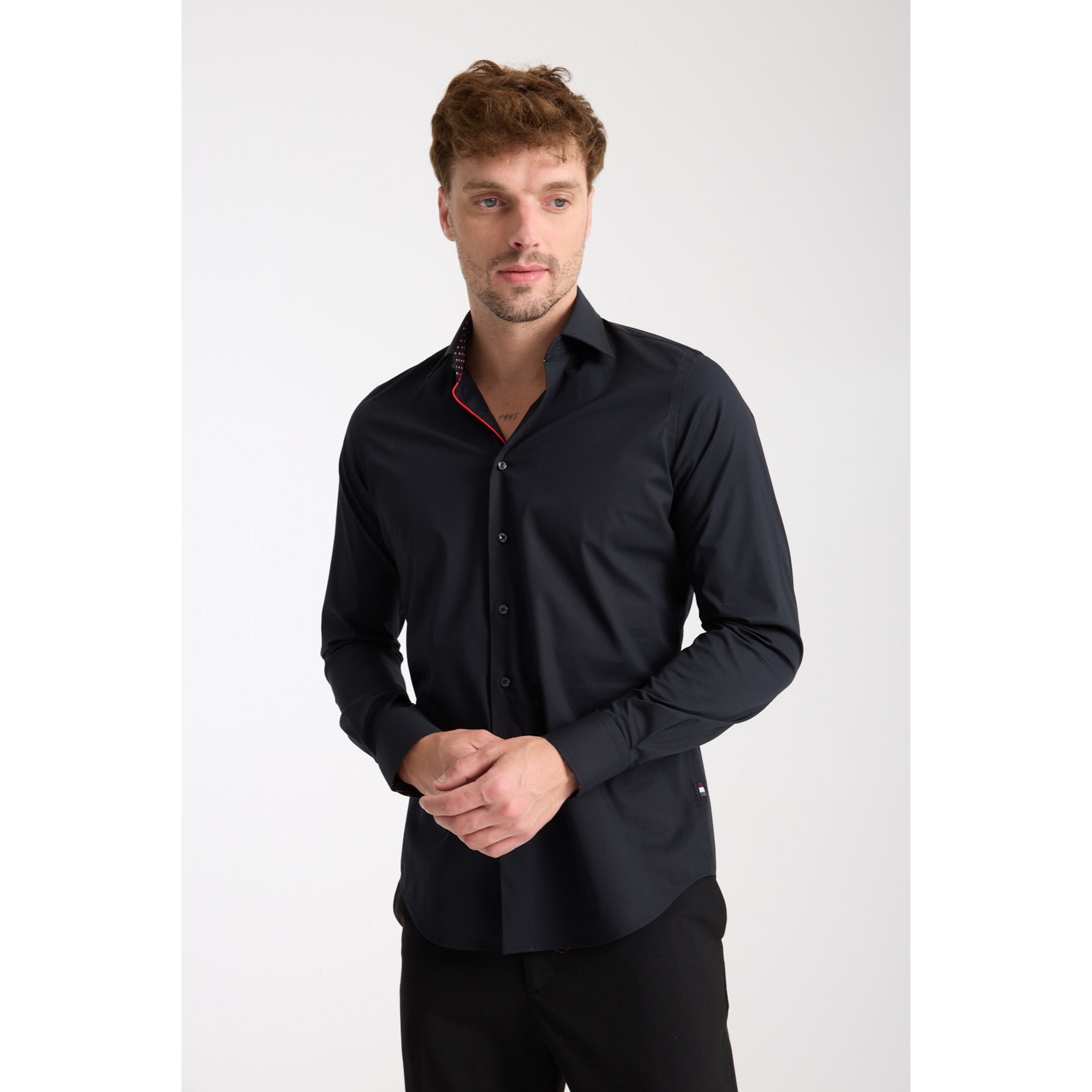 Camicia Uomo 1 Bottone Francese Slim Popeline Stretch Unito Nero