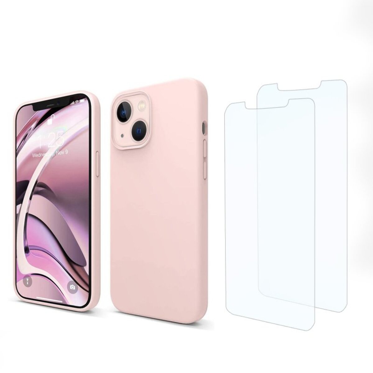 Coque iPhone 13 Mini Silicone liquide Rose + 2 Vitres en Verre trempé Protection écran Antichocs