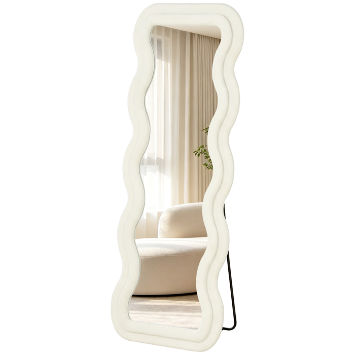 Miroir sur pied pleine longueur design ondulé velours blanc crème