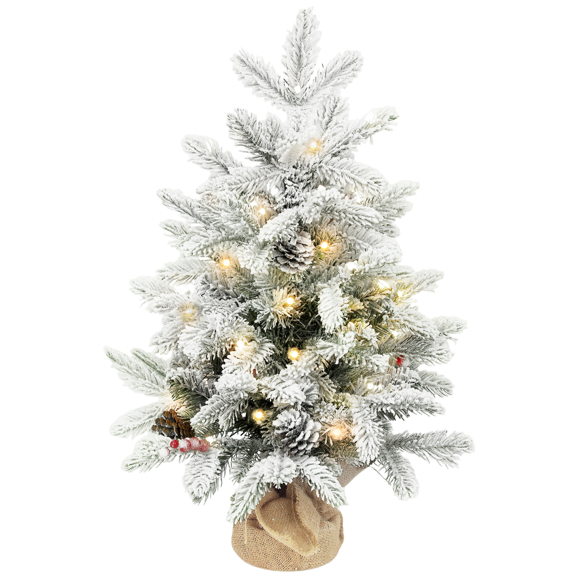 Árbol de Navidad con 35 Luces LED, 60 cm, Mini Árbol de Navidad Artificial con 182 Ramas Densas con Nieve, Piñas, Bayas y Base de Arpillera, Decoración Navideña de Mesa para Casa, Oficina Verde