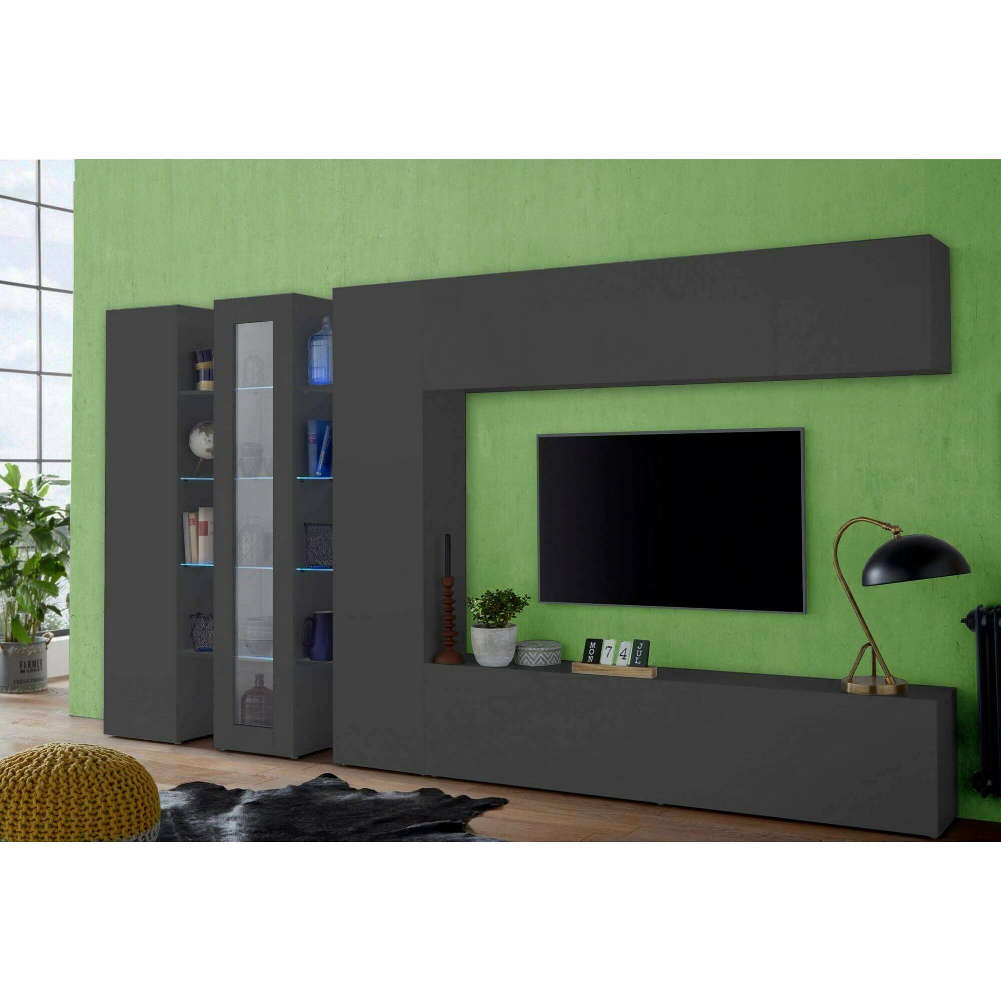 Parete attrezzata Ivano, Set salotto porta TV, Mobile soggiorno con vetrina e luce LED, 100% Made in Italy, cm 320x30h180, Antracite