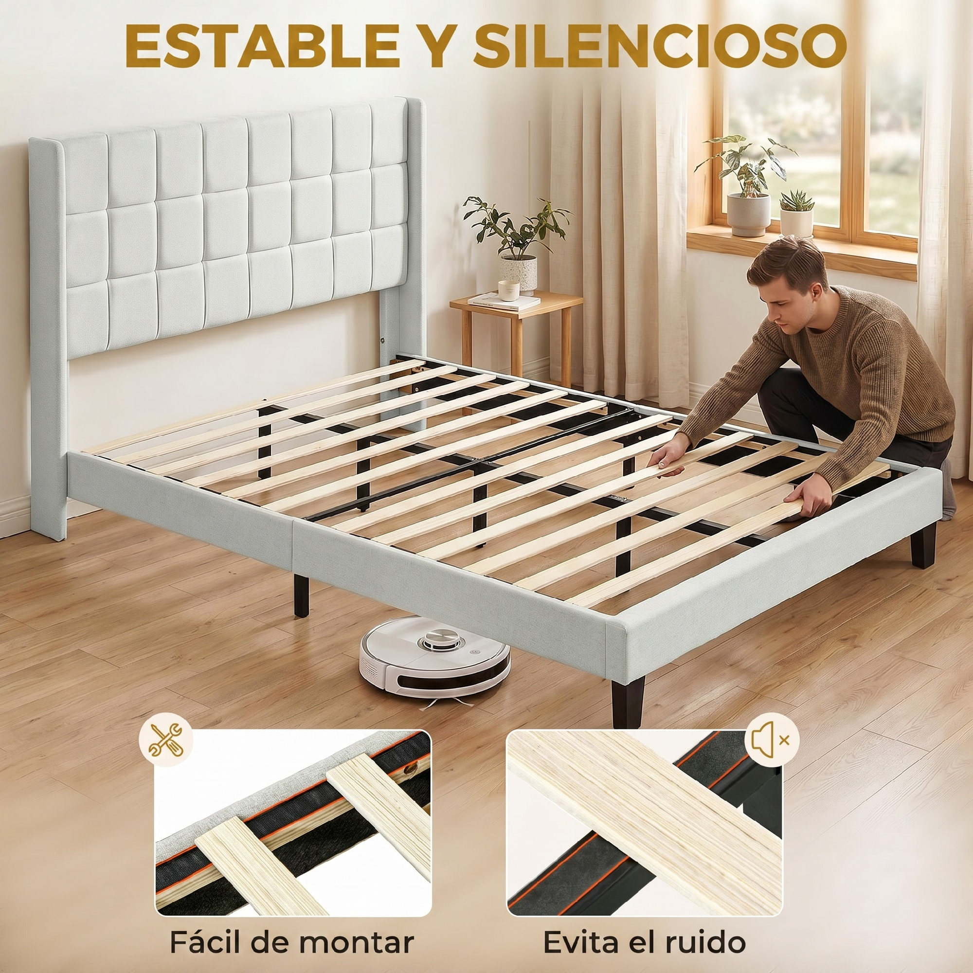 Cama Tapizada 135x190 cm con Cabecero Acolchado con Orejas y Almacenaje Inferior, Marco de Cama Doble con Somier de Lamas de Madera, Diseño Moderno, Fácil Montaje, Beige