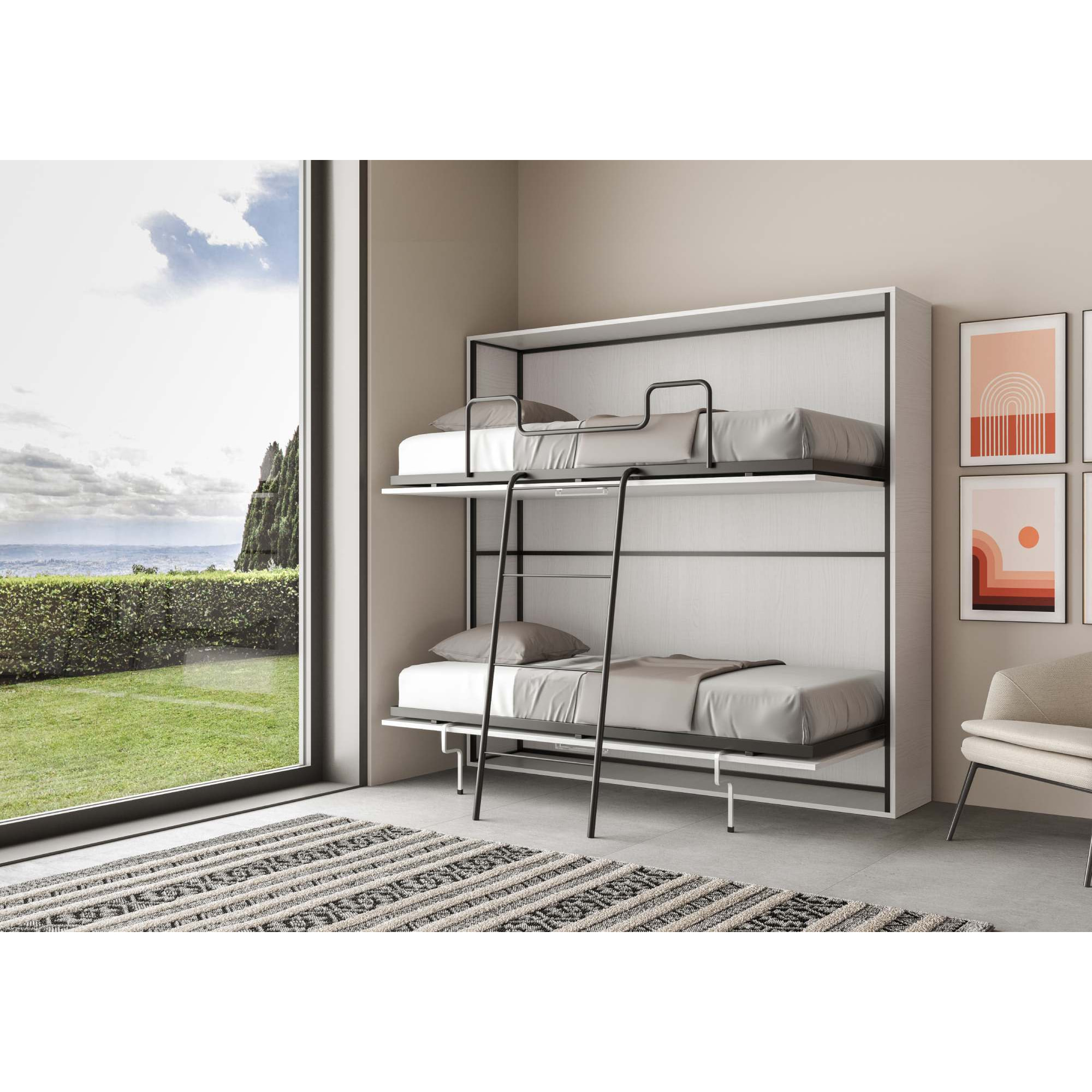 Armoire Lit escamotable horizontal superposé 2 couchages 85 KANDO Frêne Blanc avec matelas