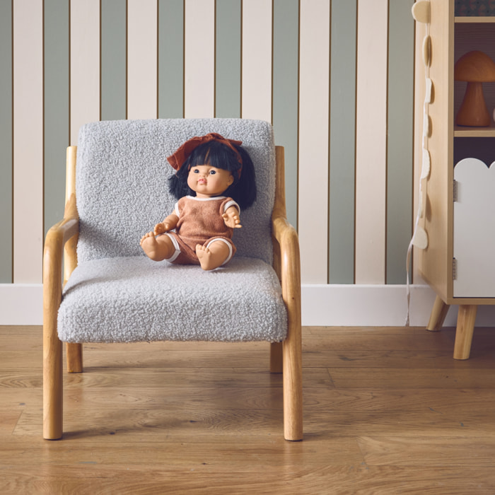 Fauteuil scandinave enfant en bois et tissu bouclette gris souris