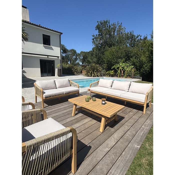 SERENA - Salon bas de jardin 7 places en bois d'acacia et corde tissée