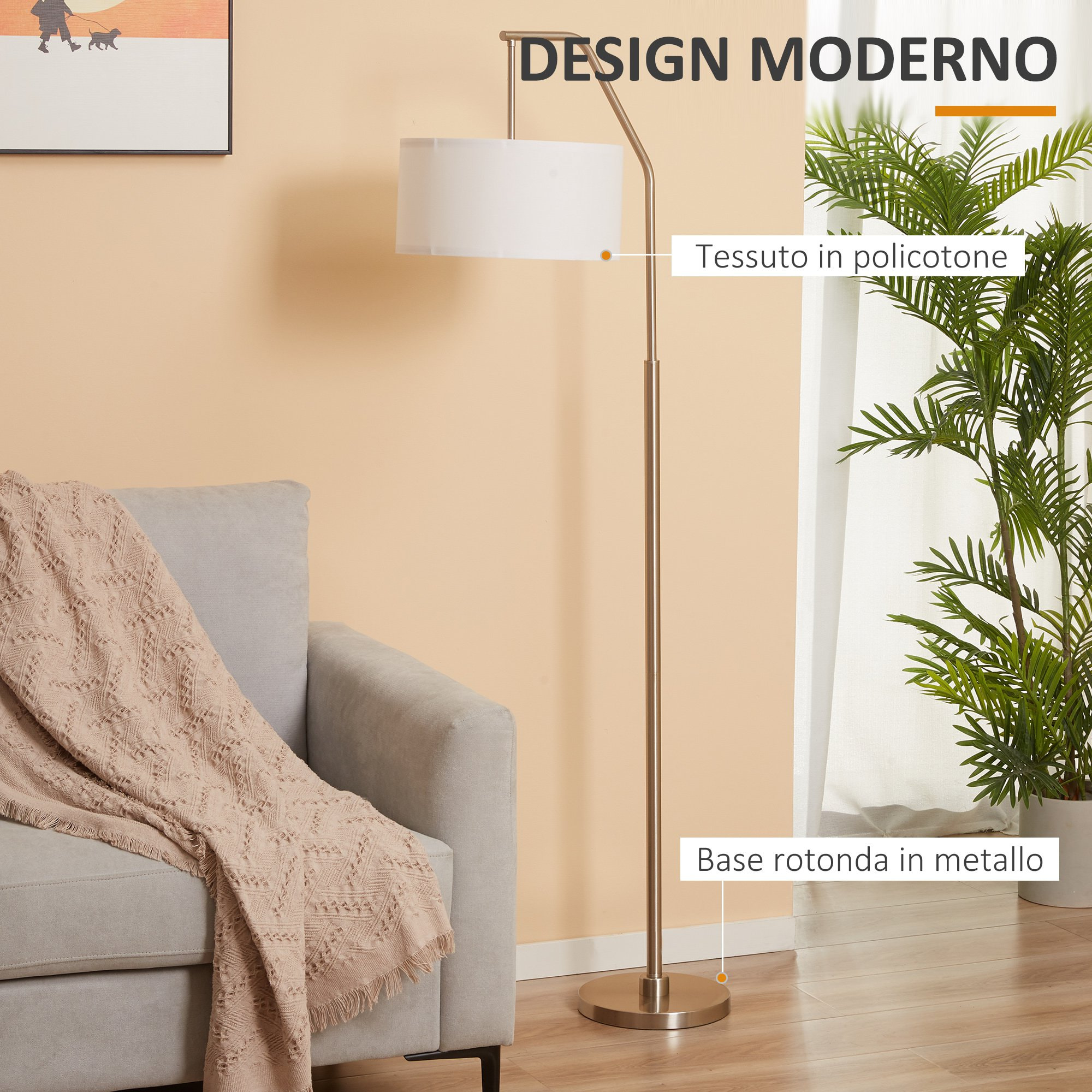 HOMCOM Lampada da Terra Moderna in Acciaio con Paralume in Tessuto, 65x33x158cm - Bianco