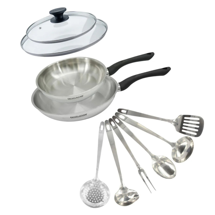 Set 2 poêles 24 et 28 cm en inox, couvercle verre et 6 ustensiles inox Fackelmann Geneva