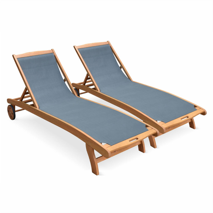 Bains de soleil en bois - Marbella Gris anthracite - 2 transats en bois d'Eucalyptus huilé et textilène gris anthracite