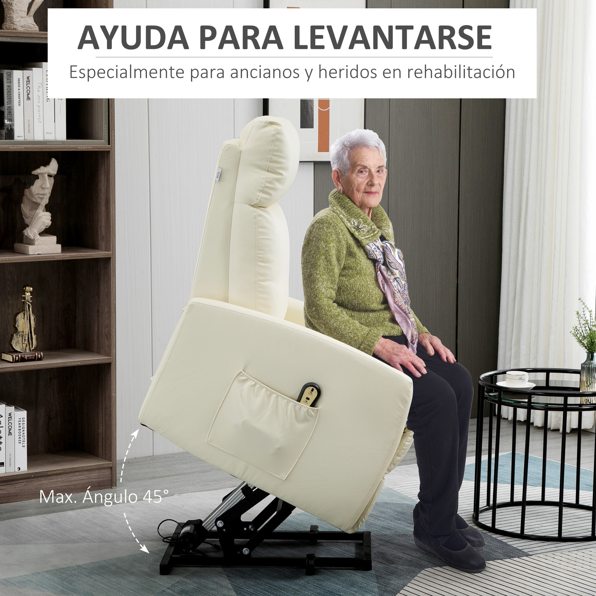 Sillón Levanta Personas Sillón Relax Eléctrico Sillón Elevador Reclinable 145° con Control Remoto Reposapiés para Personas Mayores 67x95x105 cm Crema