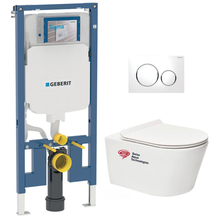 Pack WC Bati-support Geberit + WC Swiss Aqua Technologies sans bride + Plaque blanche (SLIM-Brevis-C)