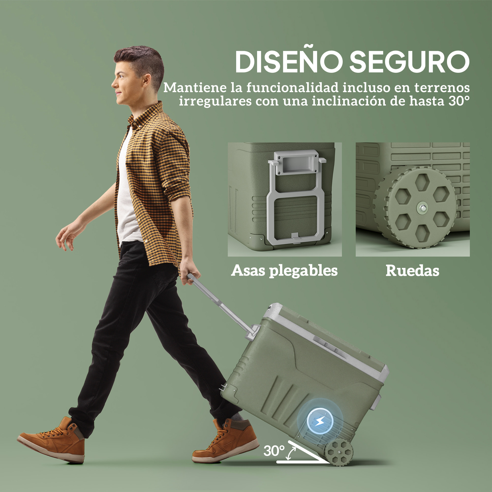 Nevera Portátil Eléctrica 45L Refrigerador de Coche -20℃ a +20 ℃ 12V/24V Mini Frigorífico con Ruedas Compresor Pantalla LED Táctil para Hogar Camping Viajes Automóvil 64,5x43,5x53 cm Verde