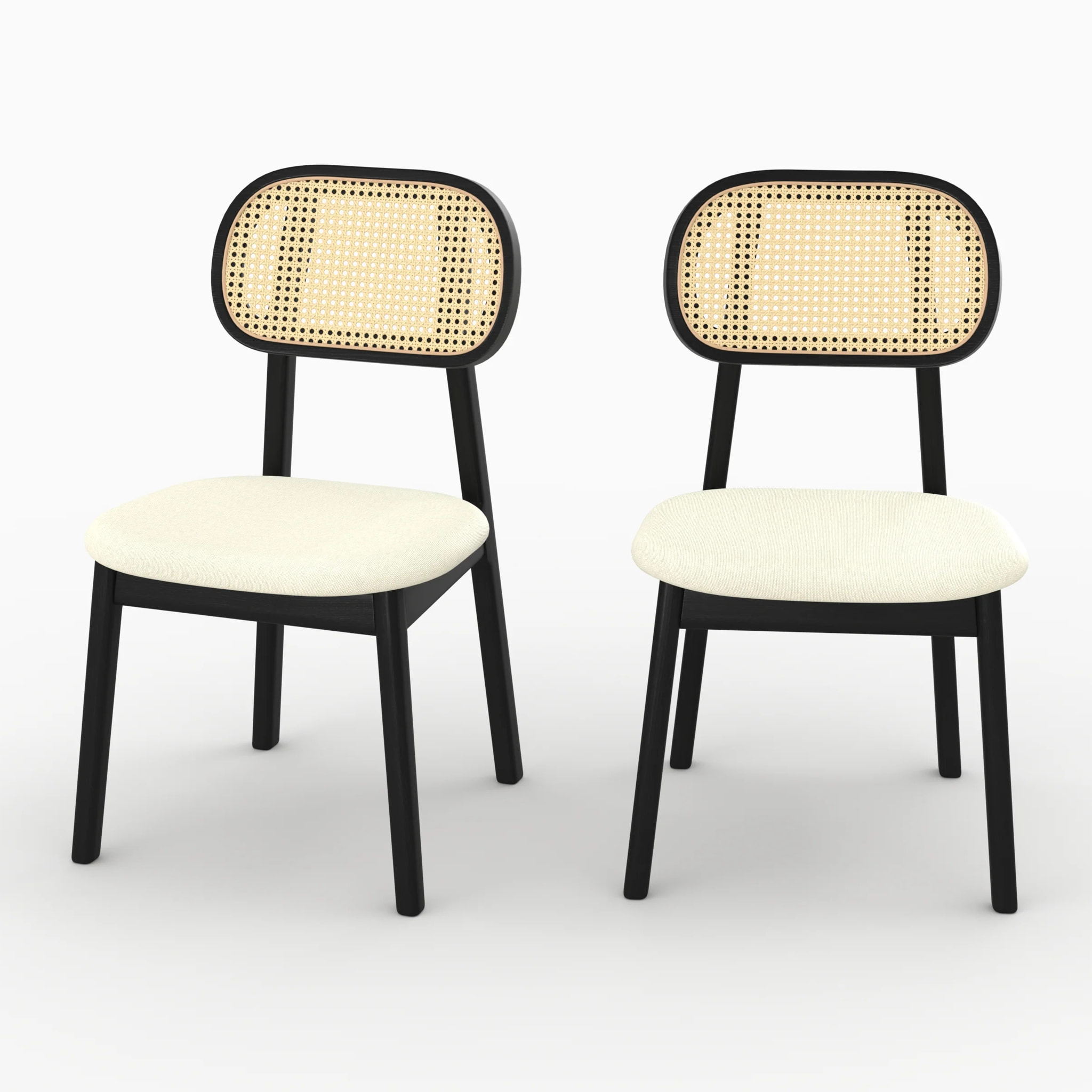 Lot de 2 chaises en bois noir, tissu beige et rotin synthétique - Maria