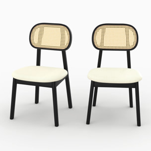 Lot de 2 chaises en bois noir, tissu beige et rotin synthétique - Maria