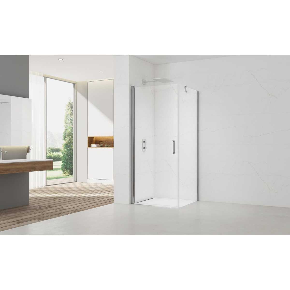 Fusion ensemble porte pivotante /paroi 100x90cm anticalcaire avec profilés chrome brillant (SATFUD100S90)