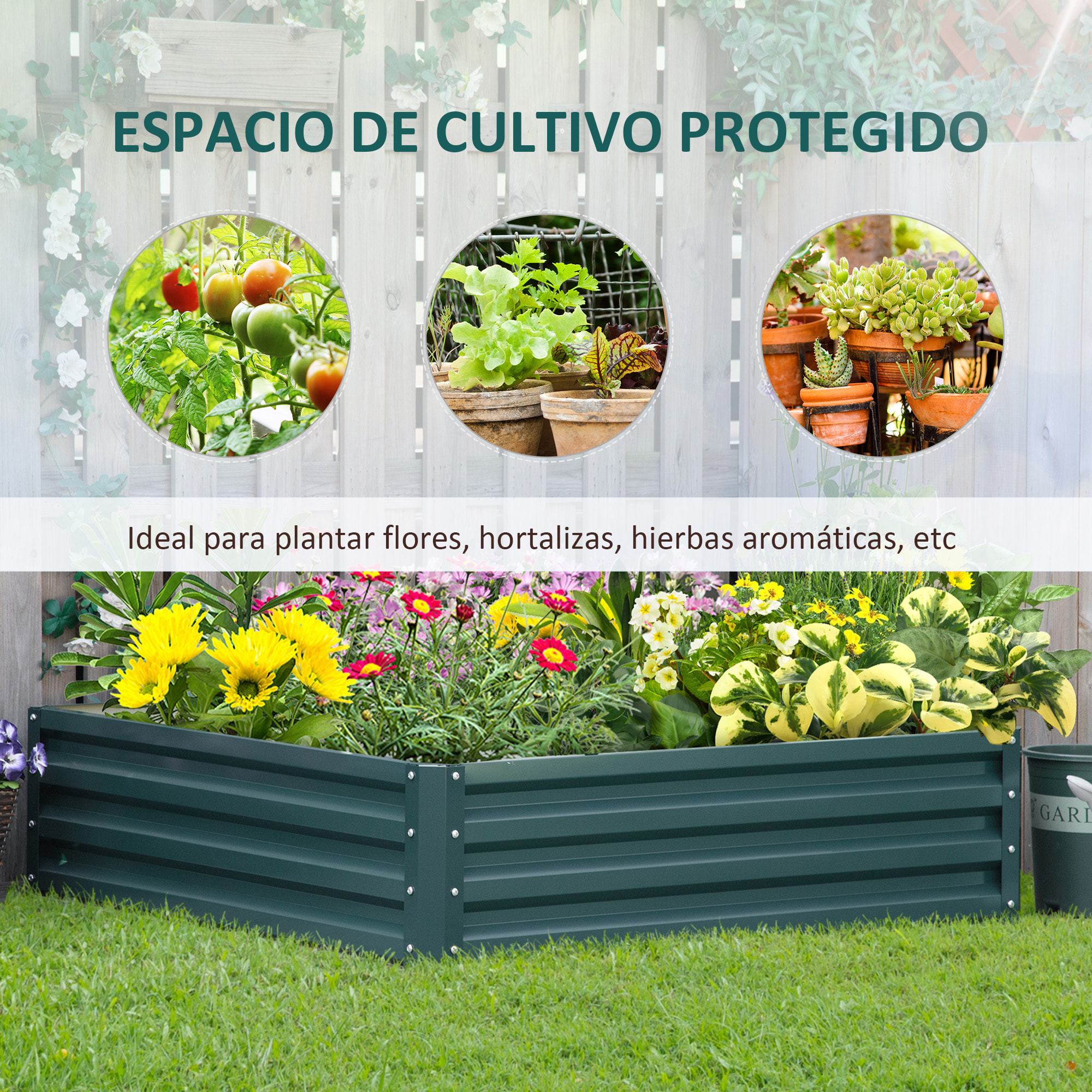 Jardinera Exterior Grande Rectangular de Acero Galvanizado Huerto Urbano para Cultivar Plantas Flores Hierba Macetero Grande Exterior con Base Abierta 120x120x30 cm Verde