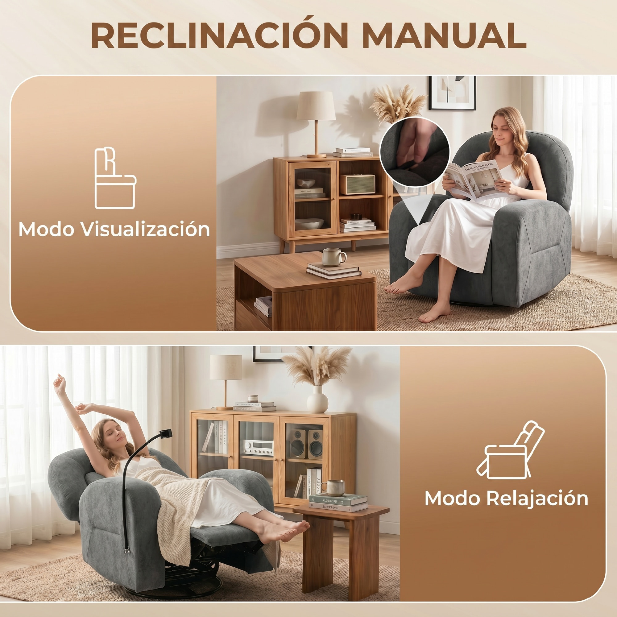 HOMCOM Sillón Relax Reclinable 3 en 1, Sillón Relax con Función Mecedora, Giratorio 360°, Soporte para Teléfono, Asiento Amplio, Respaldo Ancho, Tapizado en Terciopelo, Gris