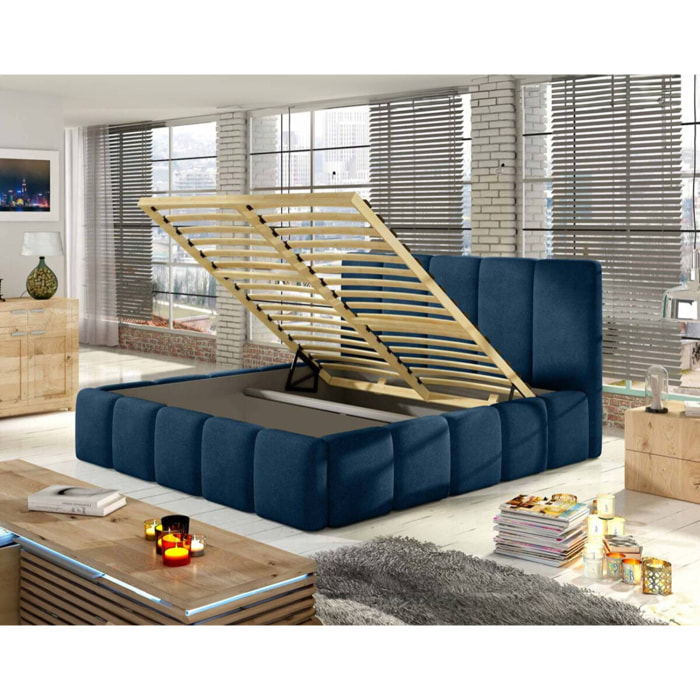 Lucea - lit coffre - 160x200 - sommier inclus - en velours - Bleu nuit