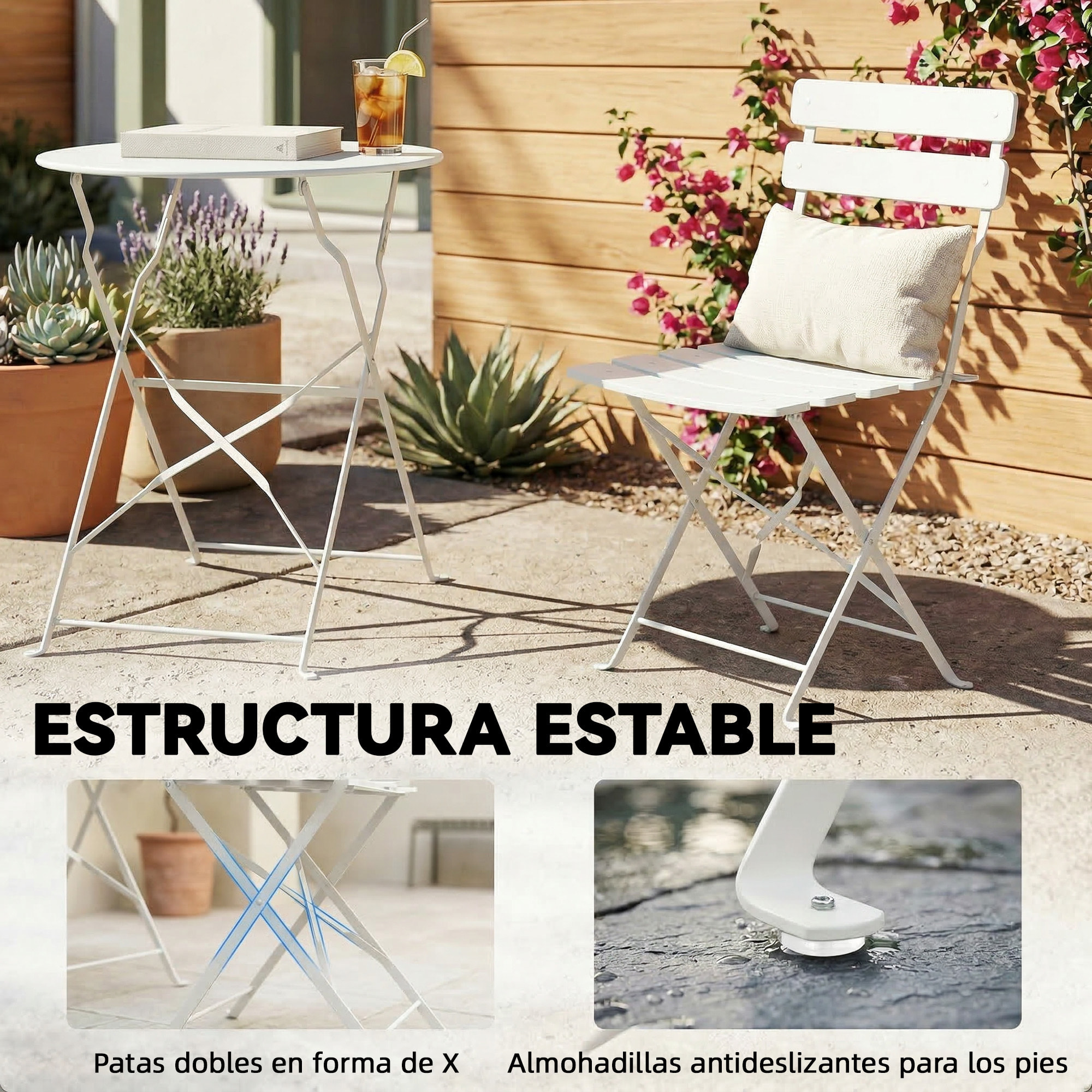 Conjunto de Mesa y Sillas de Terraza Exterior Plegable 3 Piezas, Muebles de Jardín Exterior con 2 Sillas Plegables, Mesa Redonda, Estructura Metálica Electrofórica para Patio, Balcón, Crema