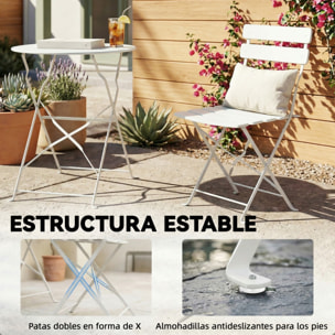 Conjunto de Mesa y Sillas de Terraza Exterior Plegable 3 Piezas, Muebles de Jardín Exterior con 2 Sillas Plegables, Mesa Redonda, Estructura Metálica Electrofórica para Patio, Balcón, Crema