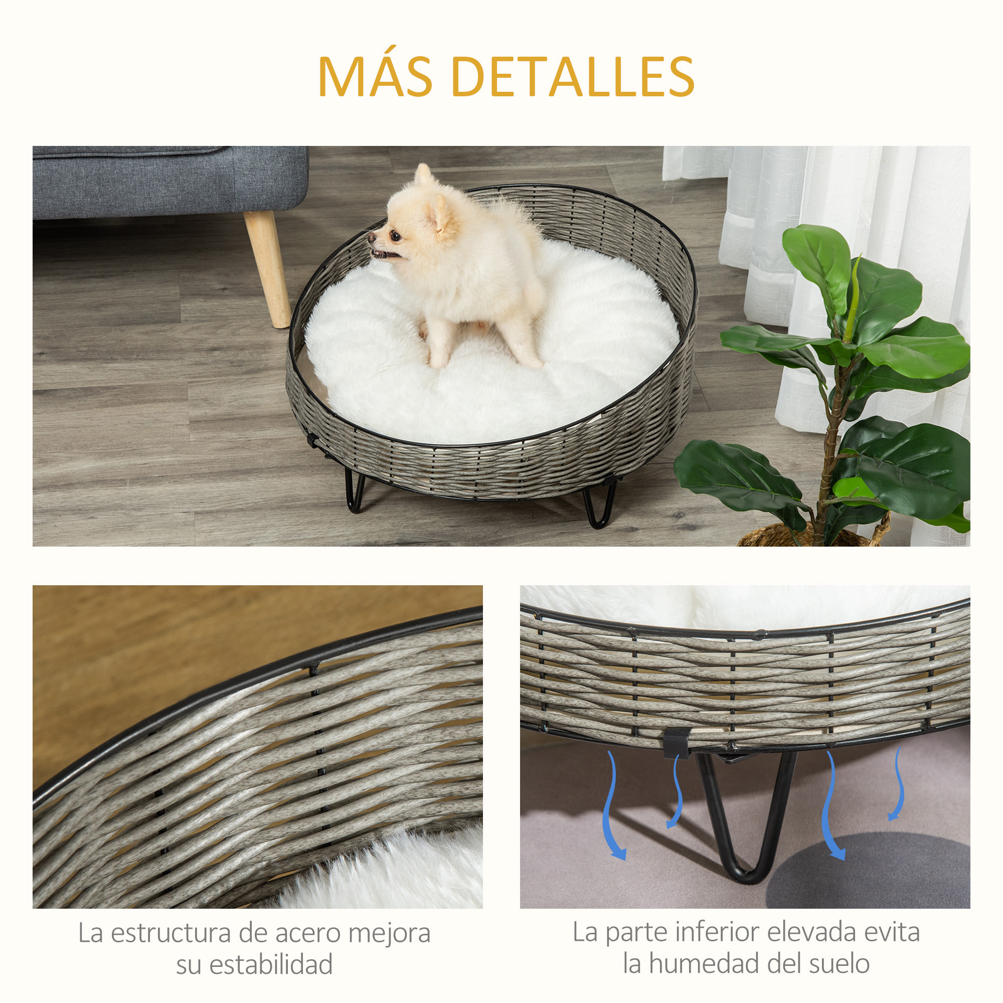 Cama para Perros de Mimbre Redonda con Cojín Lavable y Patas Elevadas Ø60x32 cm