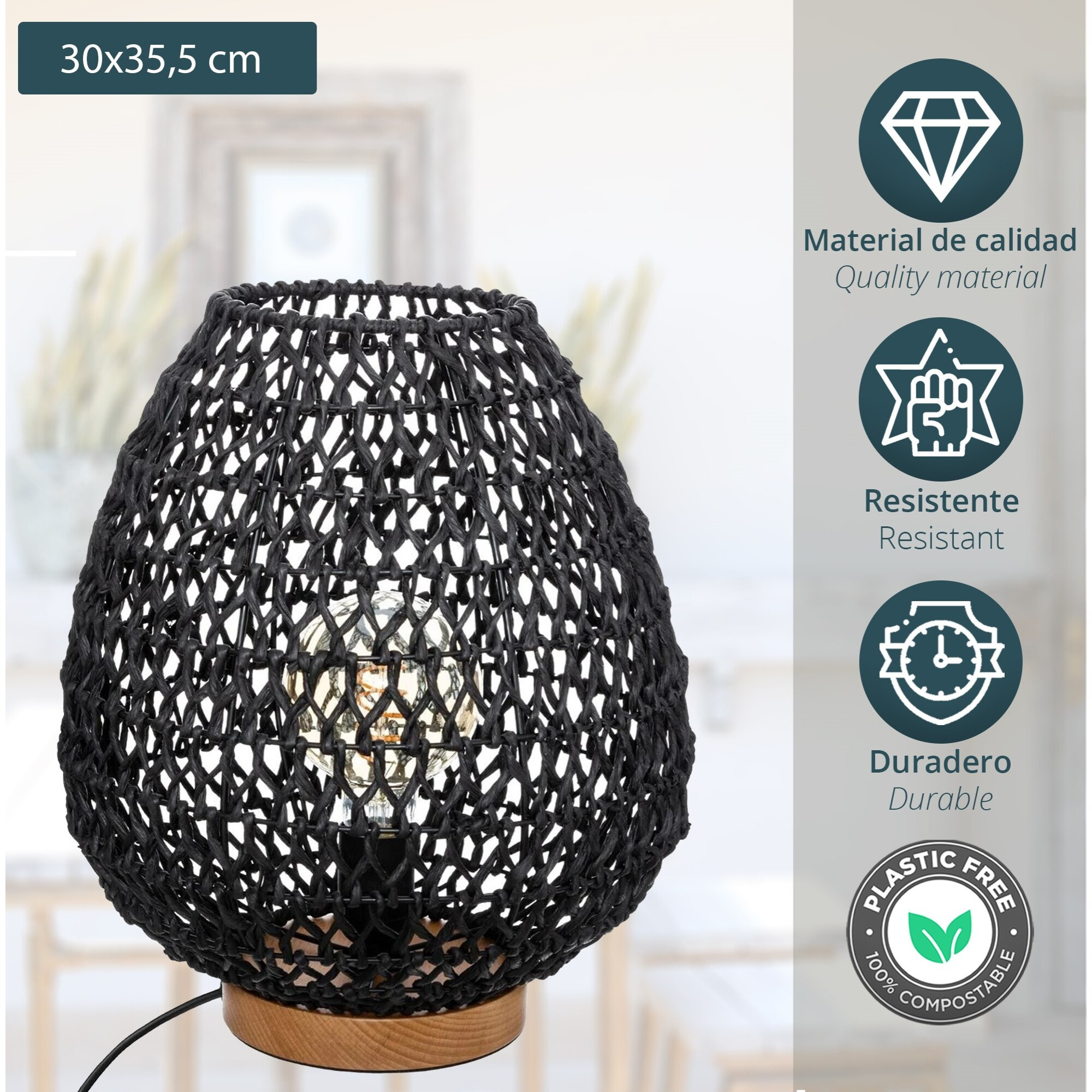 Lámpara de sobremesa metal y papel h35 negro