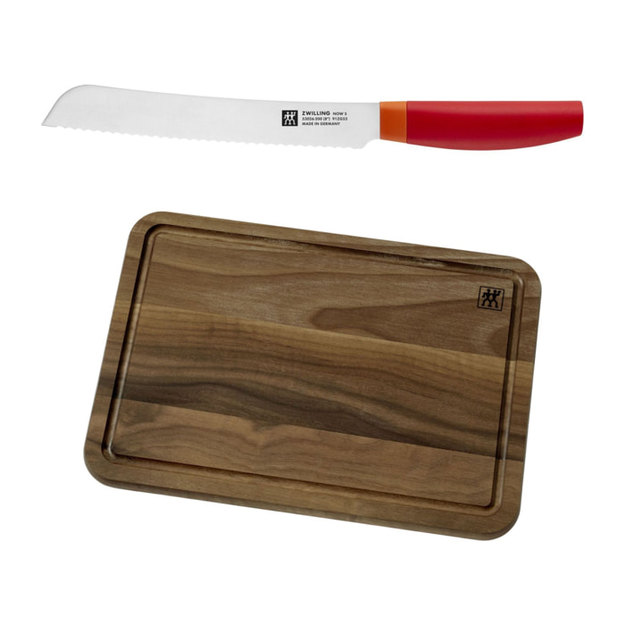 ZWILLING NOW S ROUGE Couteau à pain + Planche à Découper 35 cm x 25 cm Noyer