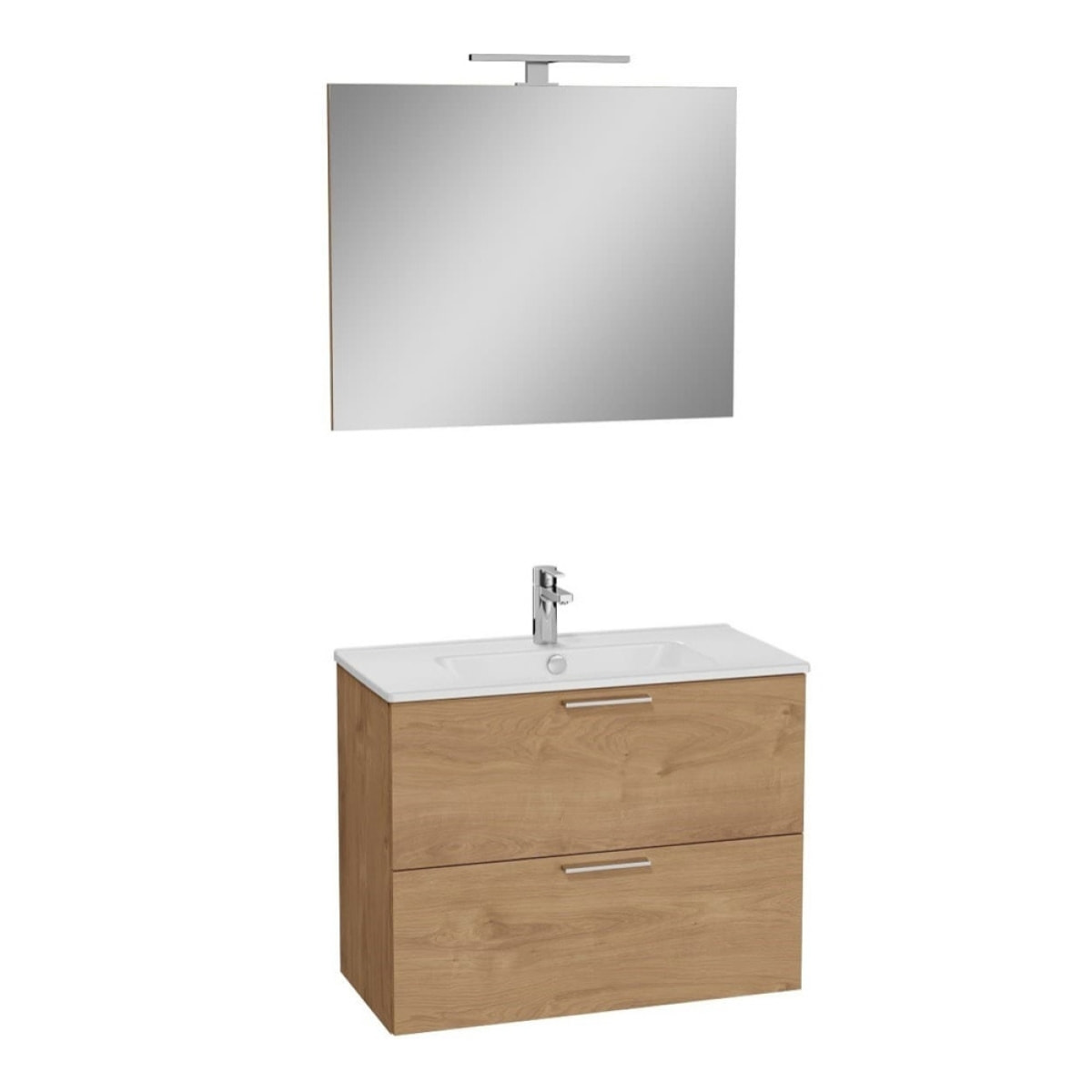 Set Mia ensemble meuble 79x61x39,5 cm avec miroir, lavabo et éclairage LED + armoire 145x35x35 cm, Chêne