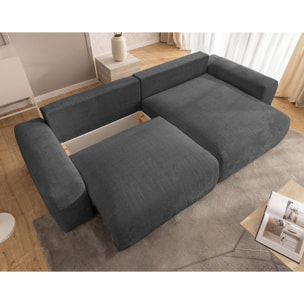 Constance - Canapé d'angle réversible 4 places convertible avec coffre en velours texturé - Gris