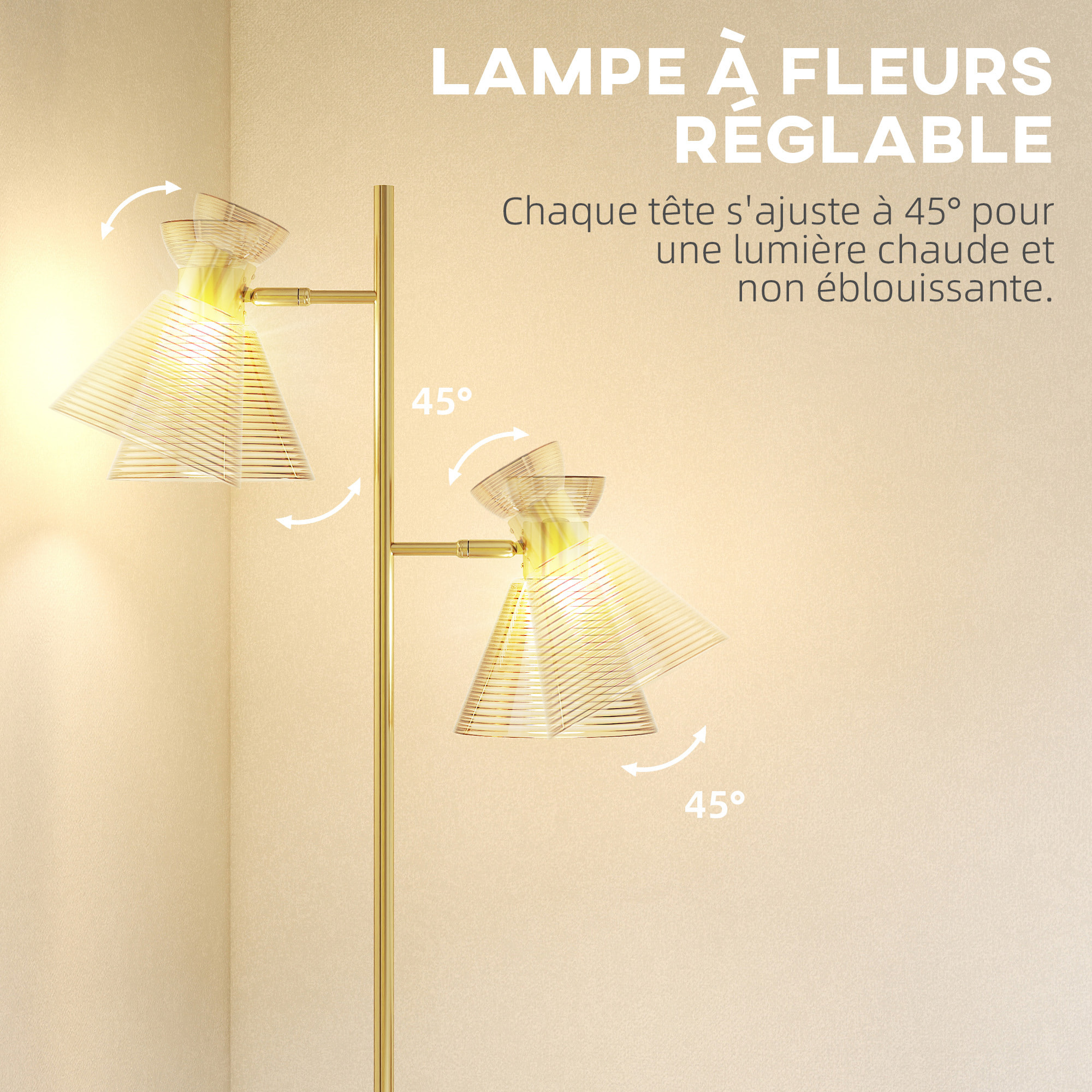 Lampadaire sur pied design H.165cm double tête réglable verre conique métal doré