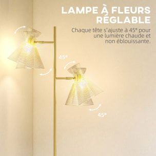 Lampadaire sur pied design H.165cm double tête réglable verre conique métal doré