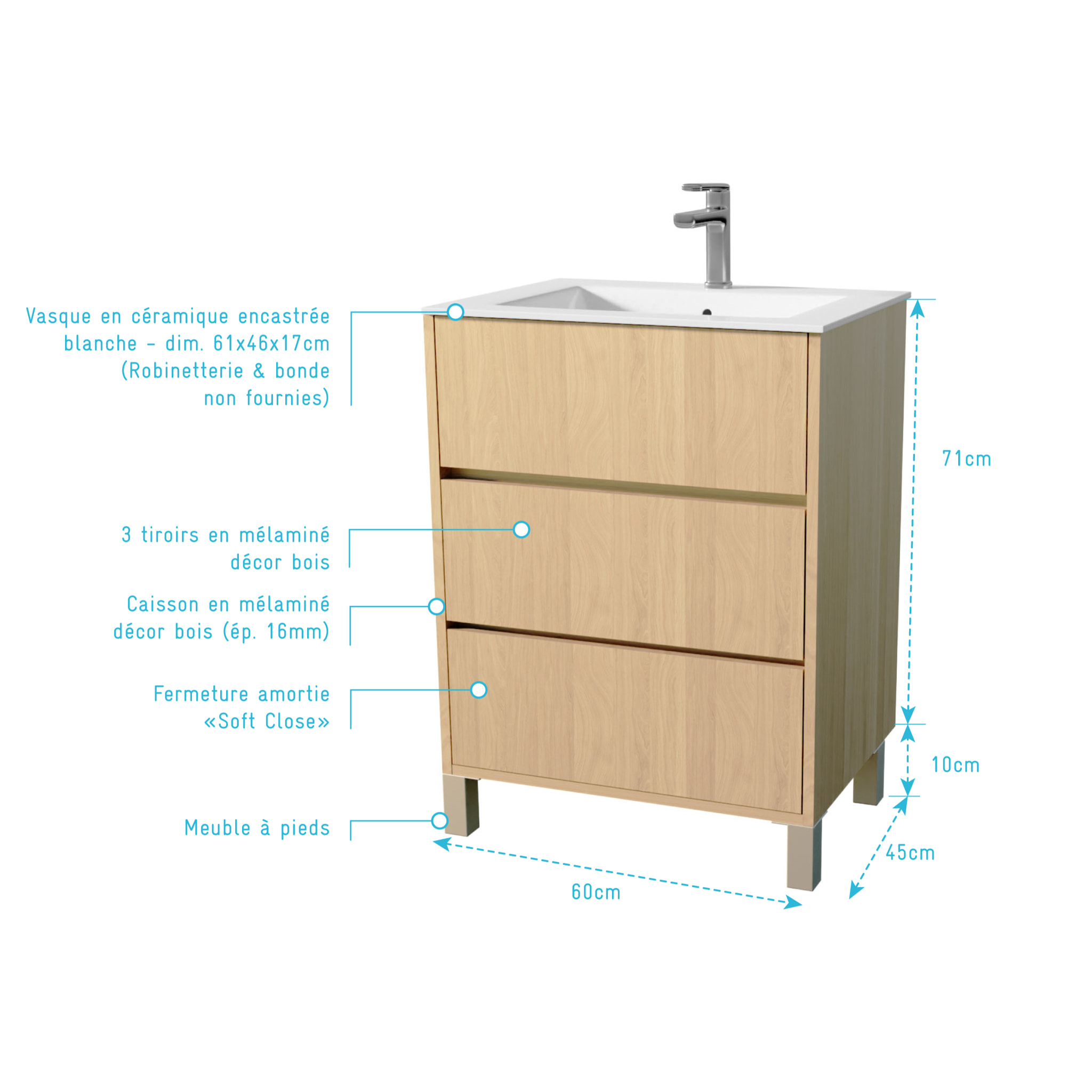 Pack Meuble Salle de Bains 60 cm Chêne Clair, 3 tiroirs avec Vasque Céramique - XENOS